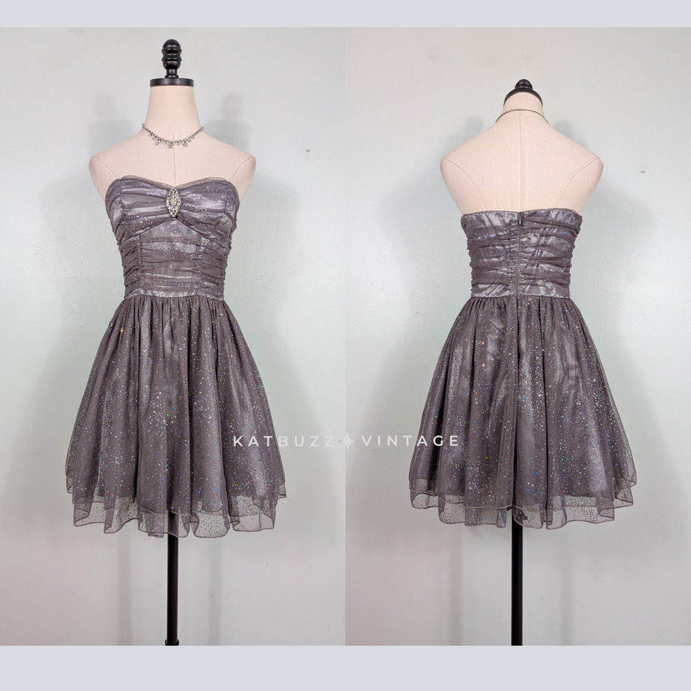 Vintage Prom Dress Mini Gown 6 Silver Gray Babydoll Rhinestone Goth Princess Y2K